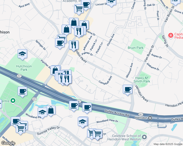 map of restaurants, bars, coffee shops, grocery stores, and more near 753 Campbell Way in Herndon