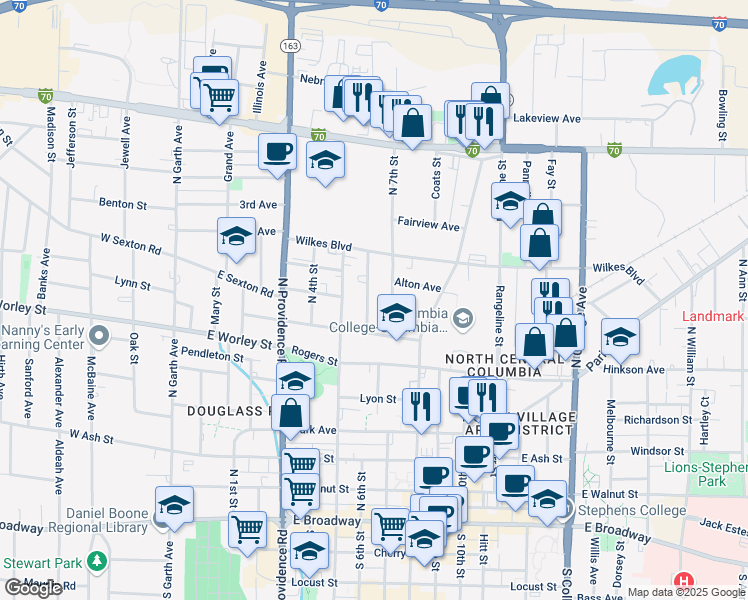 map of restaurants, bars, coffee shops, grocery stores, and more near 717 North 7th Street in Columbia