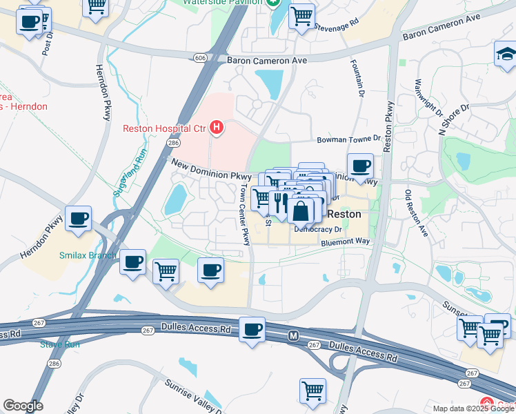map of restaurants, bars, coffee shops, grocery stores, and more near 12000 Market Street in Reston