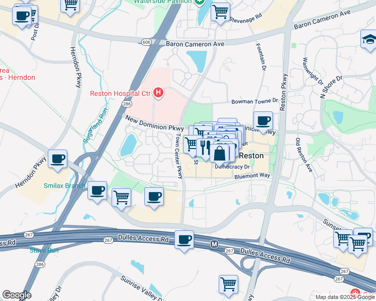 map of restaurants, bars, coffee shops, grocery stores, and more near 12000 Market Street in Reston