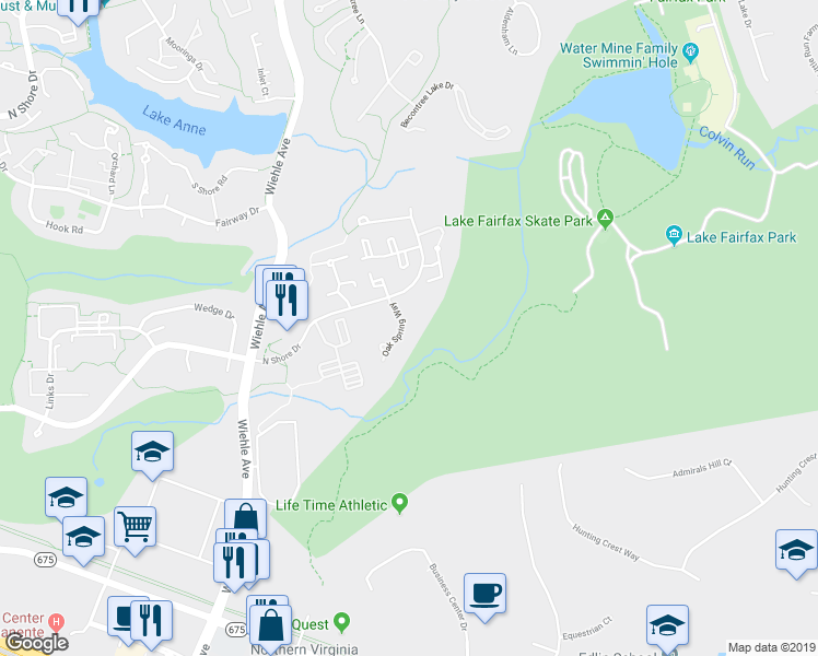 map of restaurants, bars, coffee shops, grocery stores, and more near 1620 Oak Spring Way in Reston
