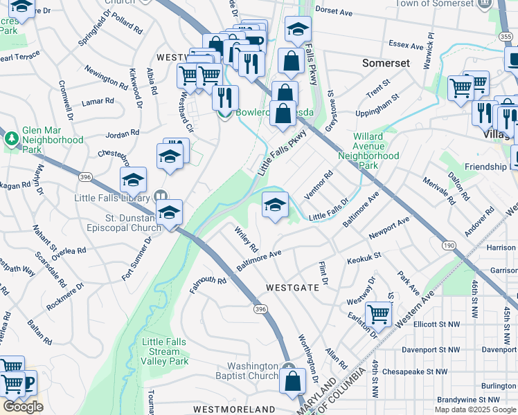 map of restaurants, bars, coffee shops, grocery stores, and more near 5123 Westridge Road in Bethesda