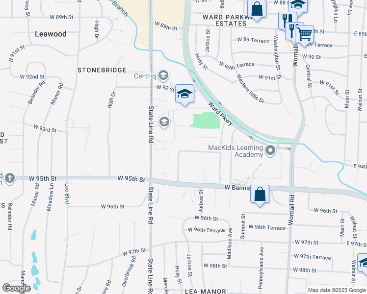 map of restaurants, bars, coffee shops, grocery stores, and more near 1105 West 93 Street in Kansas City