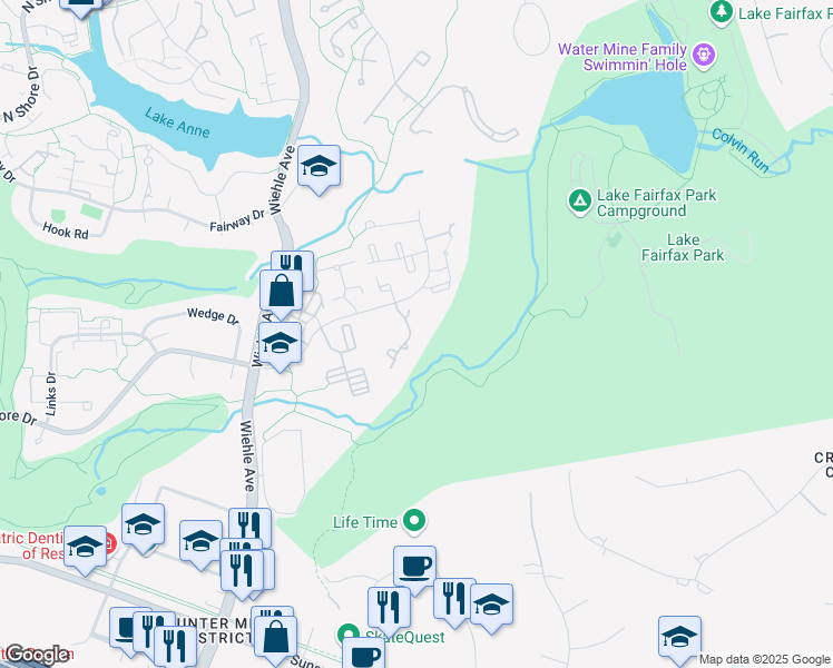 map of restaurants, bars, coffee shops, grocery stores, and more near 1620 Oak Spring Way in Reston