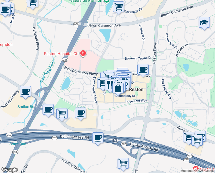 map of restaurants, bars, coffee shops, grocery stores, and more near 11990 Market Street in Reston