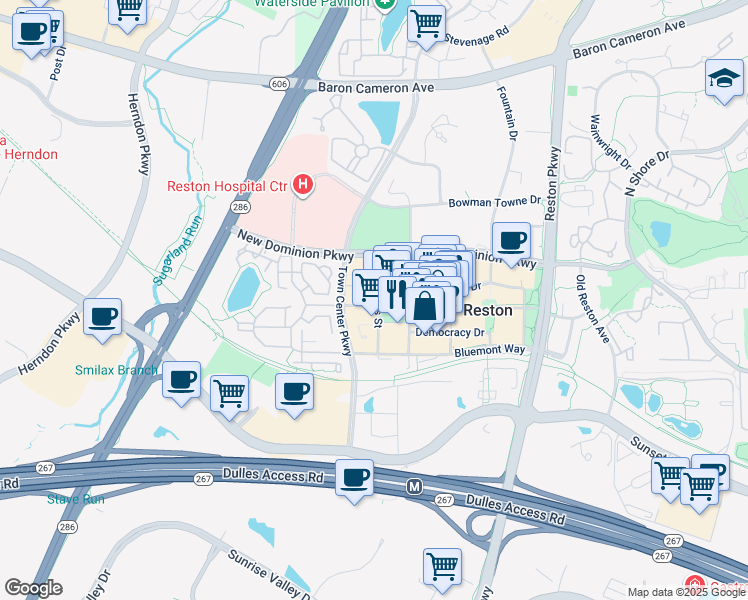 map of restaurants, bars, coffee shops, grocery stores, and more near 12000 Market Street in Reston