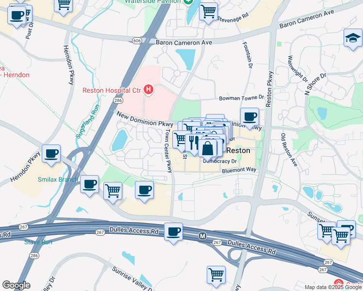 map of restaurants, bars, coffee shops, grocery stores, and more near 12000 Market Street in Reston
