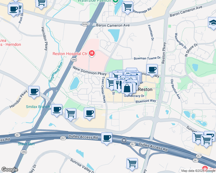 map of restaurants, bars, coffee shops, grocery stores, and more near 12000 Market Street in Reston