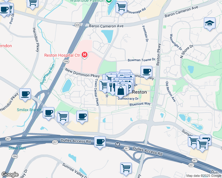 map of restaurants, bars, coffee shops, grocery stores, and more near 11990 Market Street in Reston