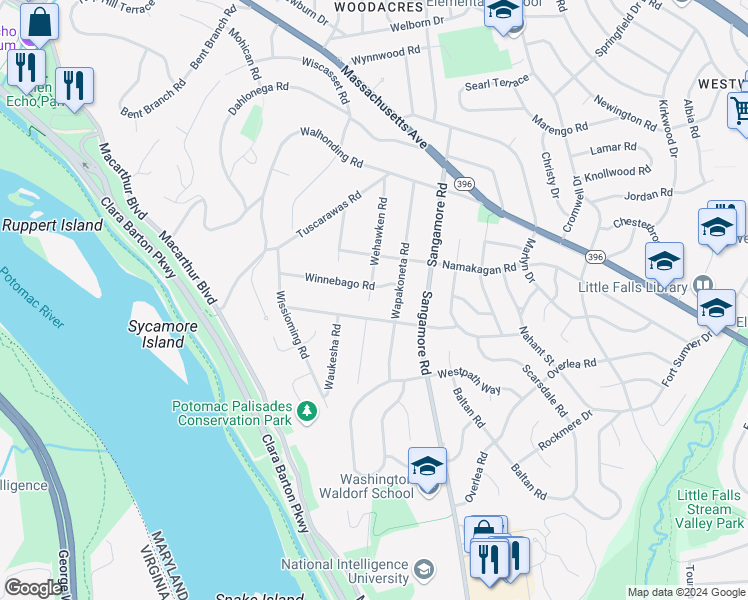 map of restaurants, bars, coffee shops, grocery stores, and more near 5205 Wehawken Road in Bethesda