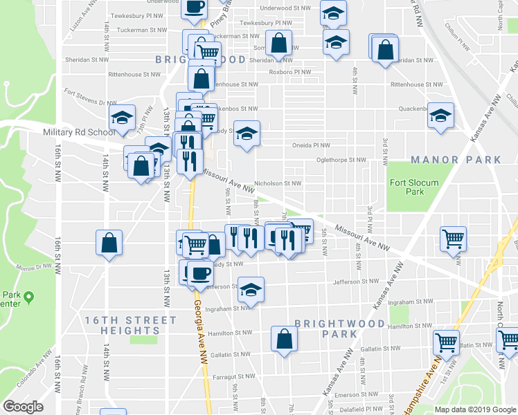 map of restaurants, bars, coffee shops, grocery stores, and more near 738 Marietta Place Northwest in Washington
