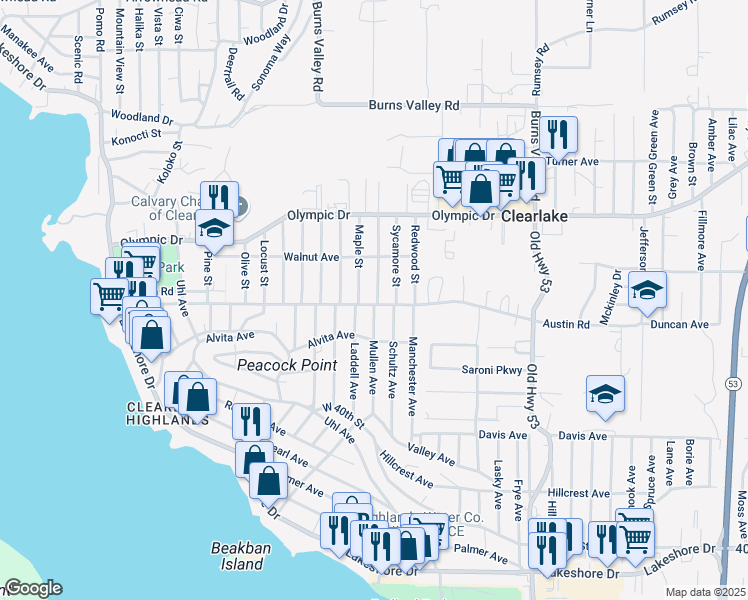 map of restaurants, bars, coffee shops, grocery stores, and more near 3678 Maple Street in Clearlake