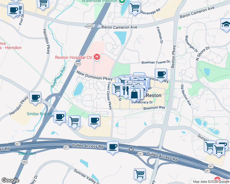 map of restaurants, bars, coffee shops, grocery stores, and more near 12000 Market Street in Reston