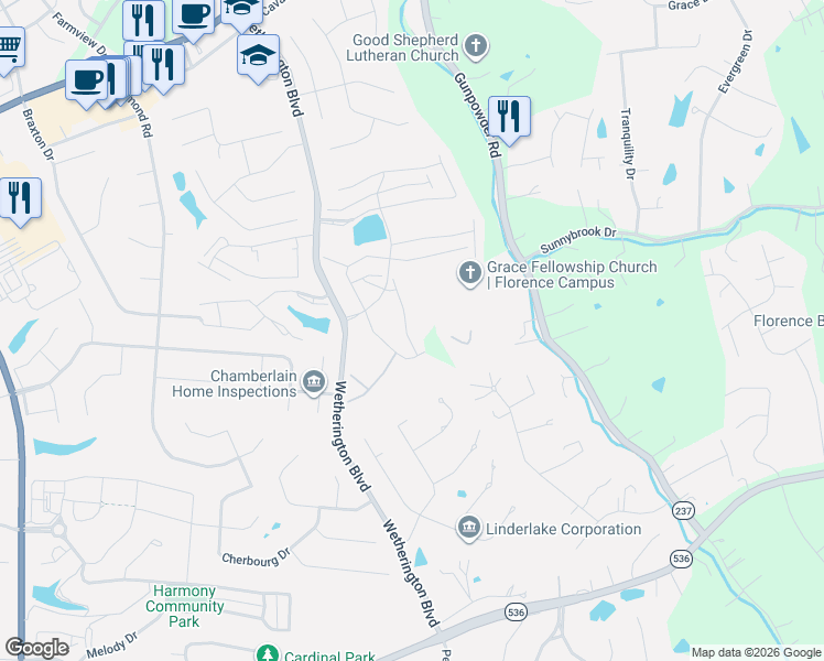 map of restaurants, bars, coffee shops, grocery stores, and more near 2039 Stonewall Tr in Florence