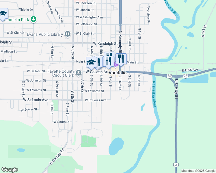 map of restaurants, bars, coffee shops, grocery stores, and more near 305 South 4th Street in Vandalia