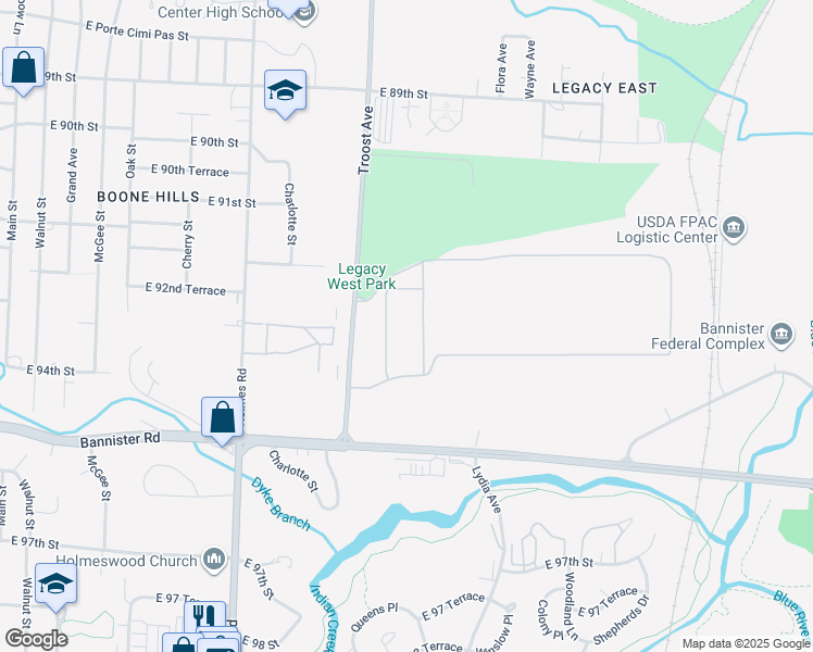 map of restaurants, bars, coffee shops, grocery stores, and more near 9101 Troost Ave in Kansas City