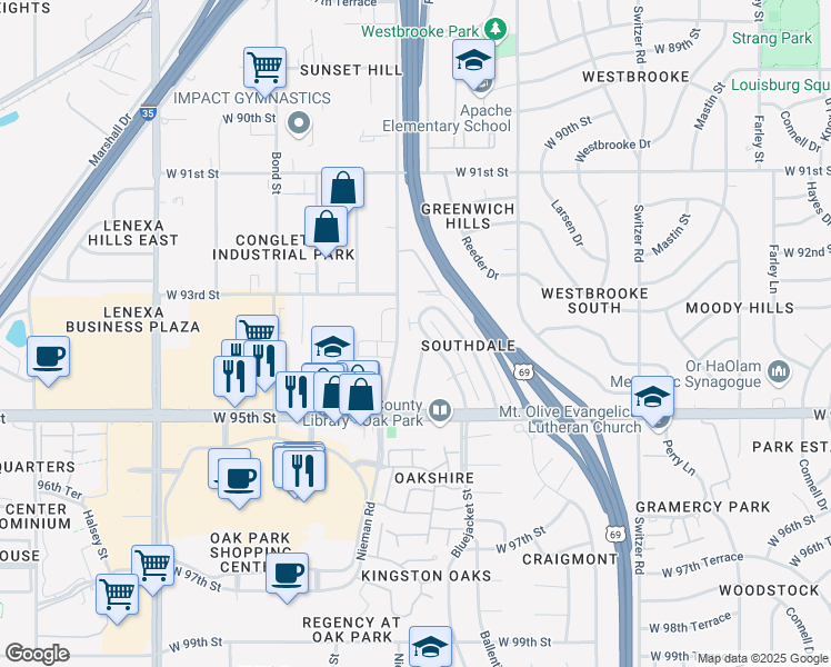 map of restaurants, bars, coffee shops, grocery stores, and more near 9300 Ballentine Street in Overland Park