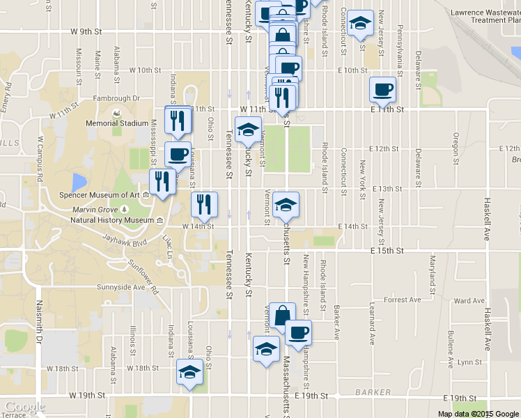 map of restaurants, bars, coffee shops, grocery stores, and more near 1310 Kentucky Street in Lawrence