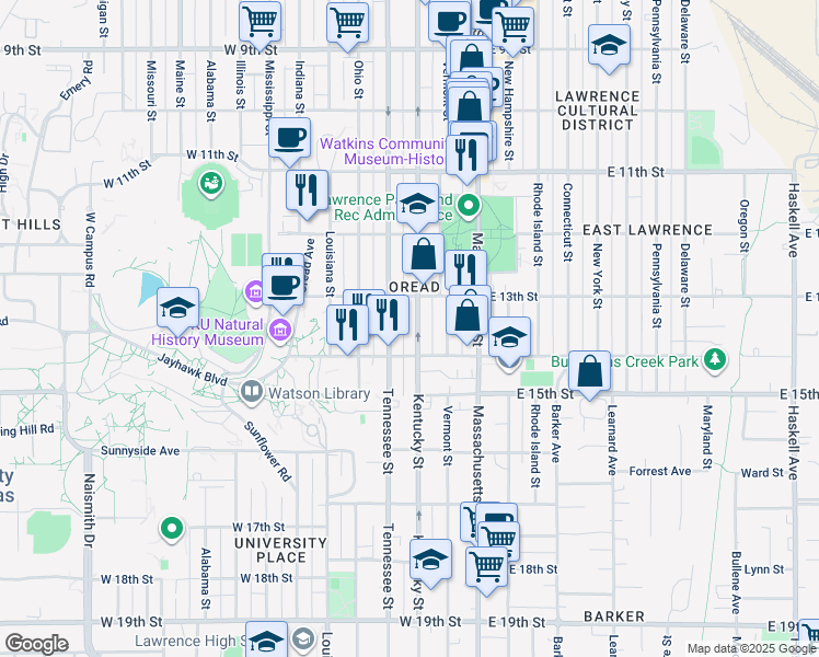 map of restaurants, bars, coffee shops, grocery stores, and more near 1310 Kentucky Street in Lawrence