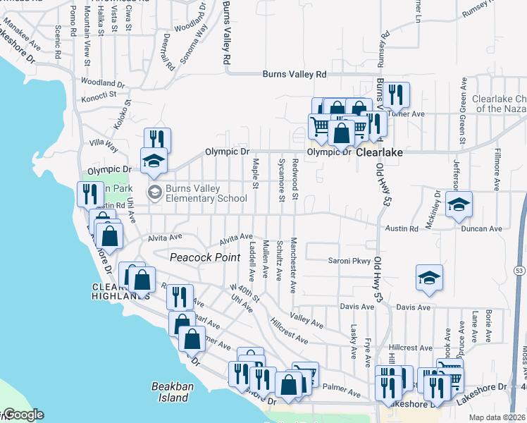 map of restaurants, bars, coffee shops, grocery stores, and more near 14644 Austin Road in Clearlake