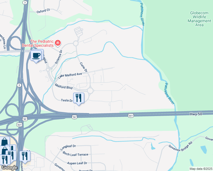 map of restaurants, bars, coffee shops, grocery stores, and more near 4931 Tesla Drive in Bowie