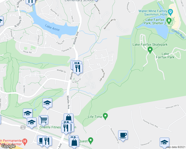 map of restaurants, bars, coffee shops, grocery stores, and more near 1629 Parkcrest Circle in Reston