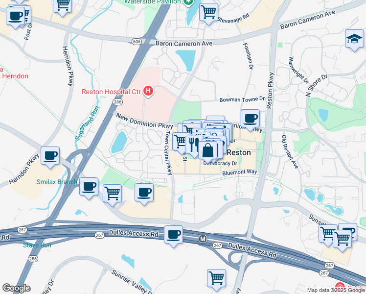 map of restaurants, bars, coffee shops, grocery stores, and more near 12000 Market Street in Reston