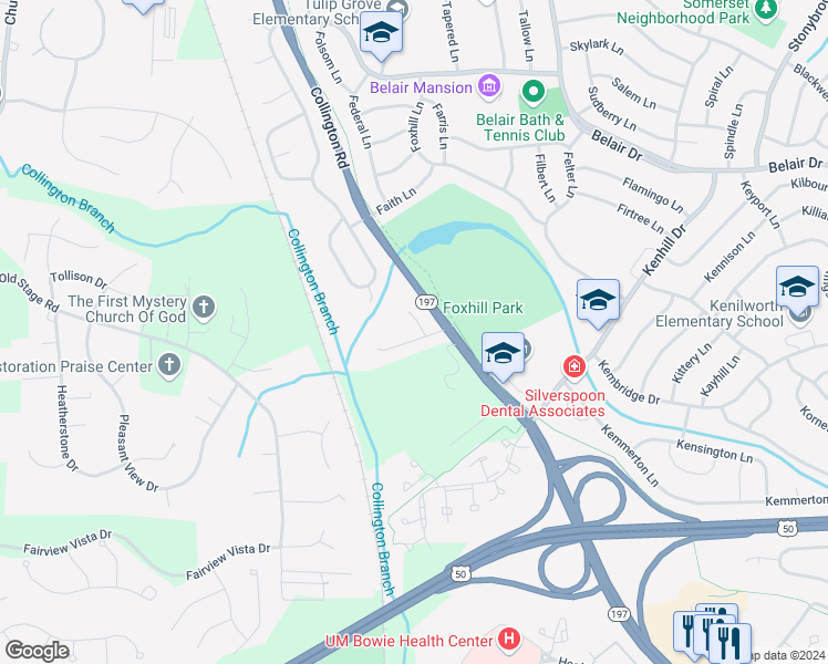 map of restaurants, bars, coffee shops, grocery stores, and more near 12112 Lerner Place in Bowie