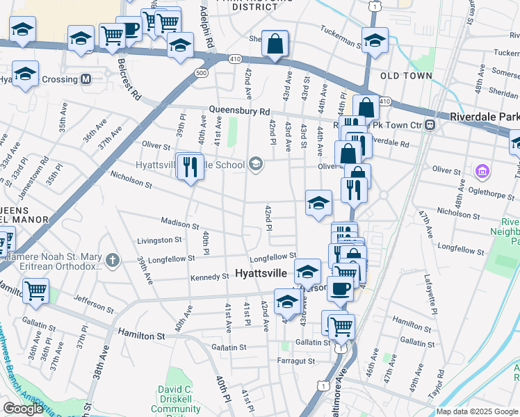 map of restaurants, bars, coffee shops, grocery stores, and more near 4211 Oglethorpe Street in Hyattsville