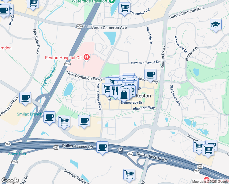 map of restaurants, bars, coffee shops, grocery stores, and more near 11990 Market Street in Reston