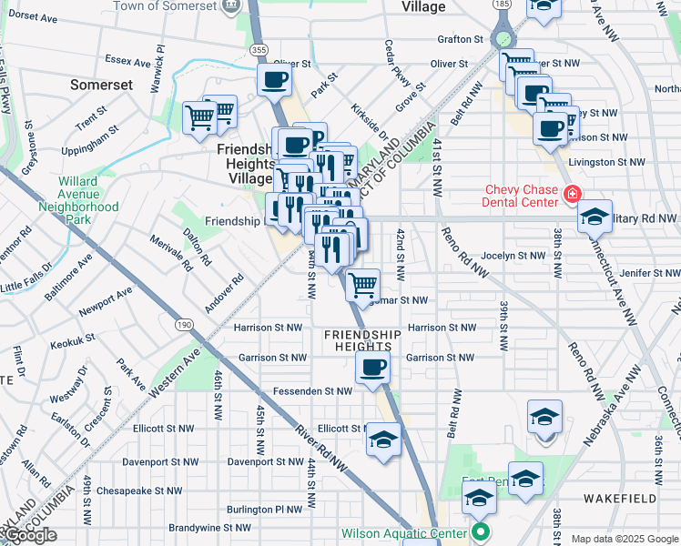 map of restaurants, bars, coffee shops, grocery stores, and more near Wisconsin Avenue in Washington