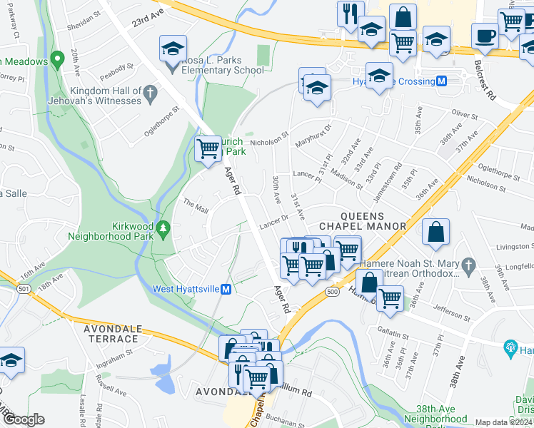 map of restaurants, bars, coffee shops, grocery stores, and more near 29th Avenue in Hyattsville