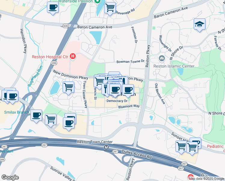 map of restaurants, bars, coffee shops, grocery stores, and more near 11951 Freedom Drive in Reston