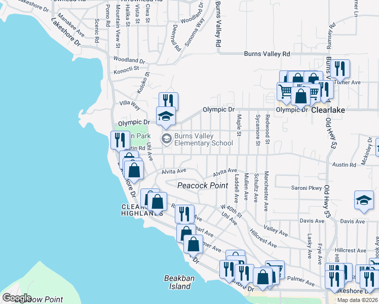 map of restaurants, bars, coffee shops, grocery stores, and more near 3665 Locust Street in Clearlake
