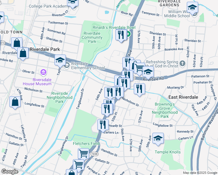 map of restaurants, bars, coffee shops, grocery stores, and more near 5409 Riverdale Road in Riverdale Park