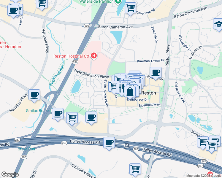 map of restaurants, bars, coffee shops, grocery stores, and more near 12000 Market Street in Reston