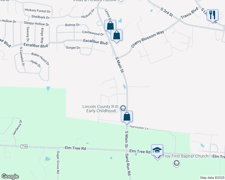 map of restaurants, bars, coffee shops, grocery stores, and more near 1031 Park Hills Parkway in Troy