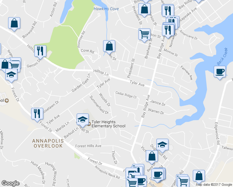 map of restaurants, bars, coffee shops, grocery stores, and more near 1129 Cedar Ridge Court in Annapolis