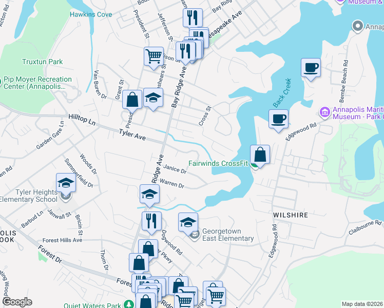 map of restaurants, bars, coffee shops, grocery stores, and more near 801 Tyler Avenue in Annapolis