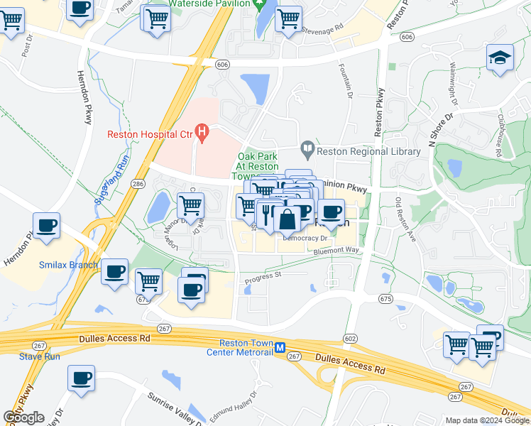 map of restaurants, bars, coffee shops, grocery stores, and more near 11990 Market Street in Reston