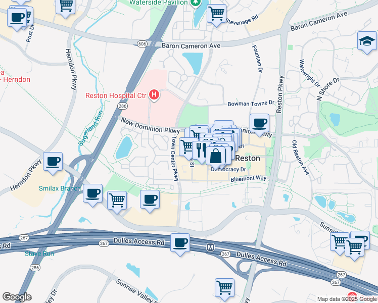map of restaurants, bars, coffee shops, grocery stores, and more near 12000 Market Street in Reston