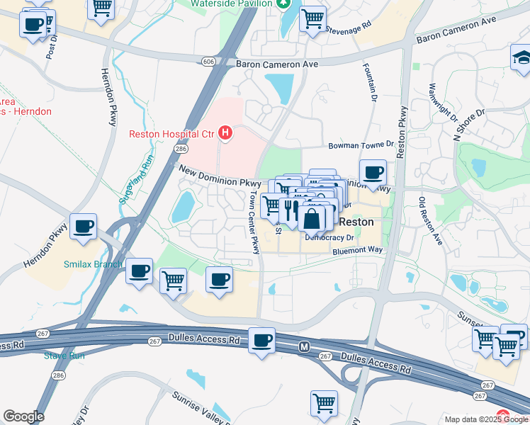 map of restaurants, bars, coffee shops, grocery stores, and more near 12000 Market Street in Reston