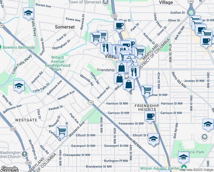 map of restaurants, bars, coffee shops, grocery stores, and more near 4506 Cortland Road in Bethesda
