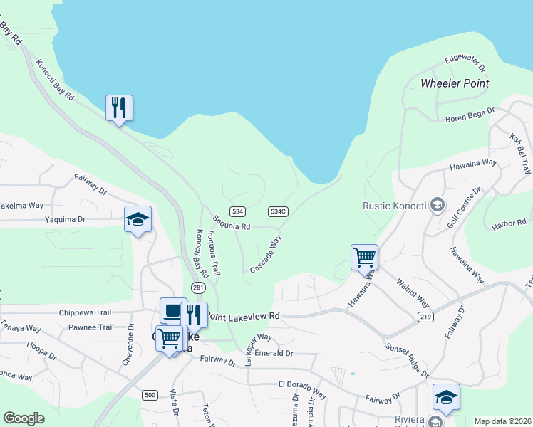 map of restaurants, bars, coffee shops, grocery stores, and more near 4699 Iroquois Trail in Kelseyville