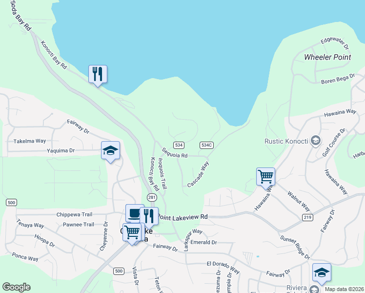 map of restaurants, bars, coffee shops, grocery stores, and more near 4699 Iroquois Trail in Kelseyville