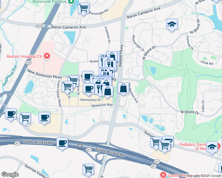 map of restaurants, bars, coffee shops, grocery stores, and more near 1746 Presidents Street in Reston