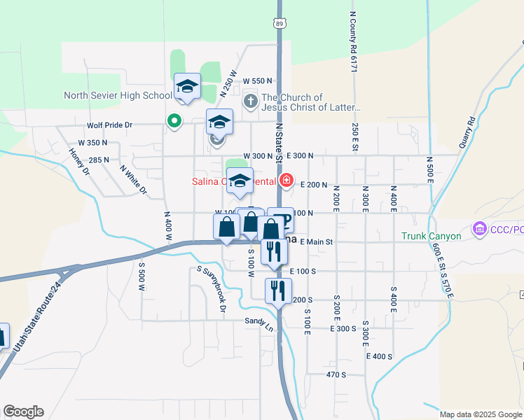 map of restaurants, bars, coffee shops, grocery stores, and more near 48 West 100 North in Salina
