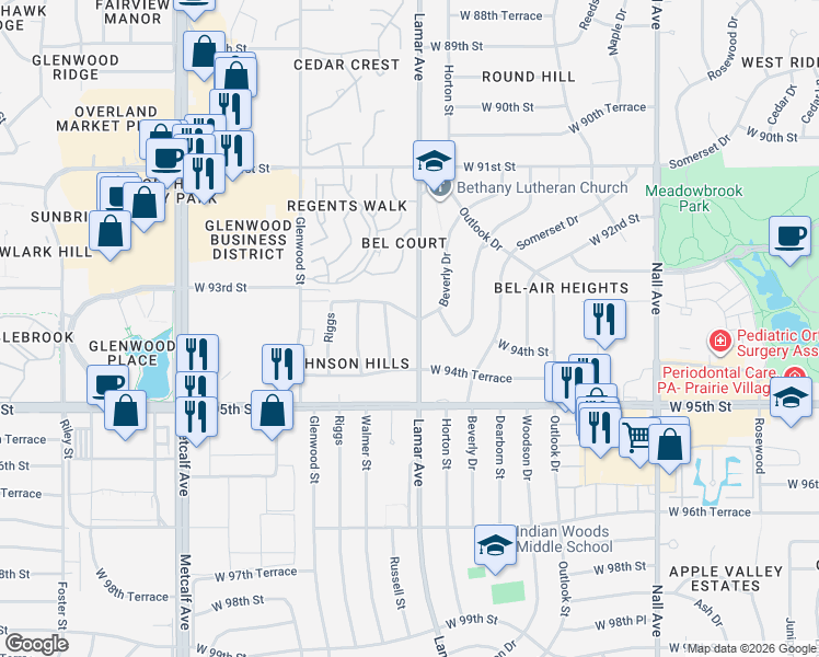 map of restaurants, bars, coffee shops, grocery stores, and more near 6311 West 93rd Terrace in Overland Park
