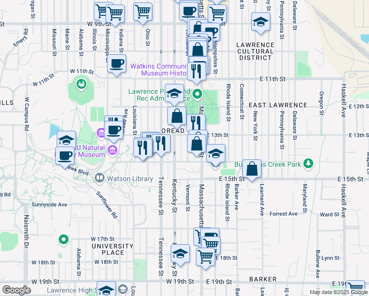 map of restaurants, bars, coffee shops, grocery stores, and more near 1310 Kentucky Street in Lawrence