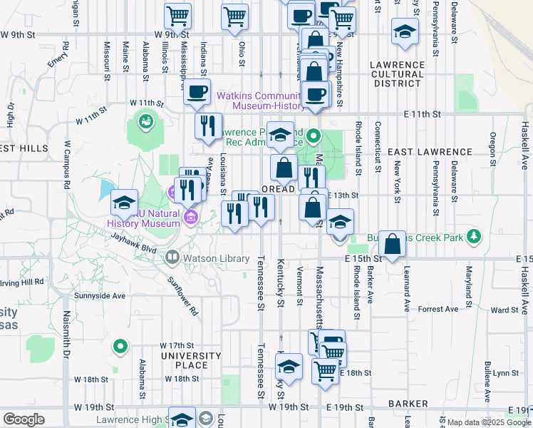 map of restaurants, bars, coffee shops, grocery stores, and more near 1311 Tennessee Street in Lawrence